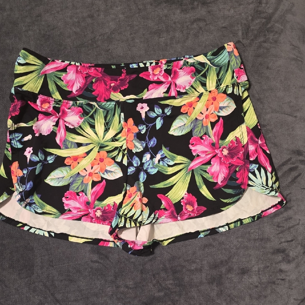 Tommy Bahama Black Floral Swim Shorts with Pink, Green & Orange Accents